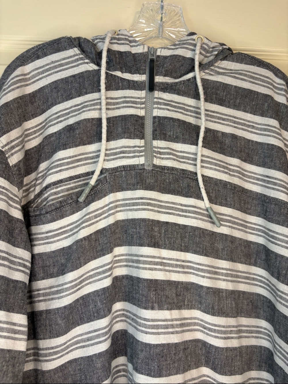 Woolrich Men’s Striped Short Sleeve 1/4 Zip Hooded Shirt Hemp Cotton sz XL